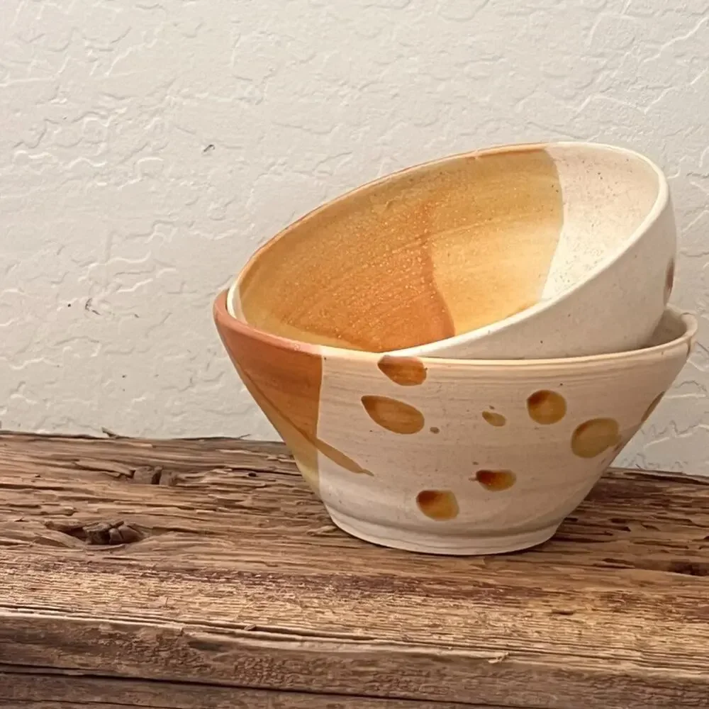 Studio Pottery Ceramic Bowl Beige & Brown Hand Thrown Stoneware Signed By Artist